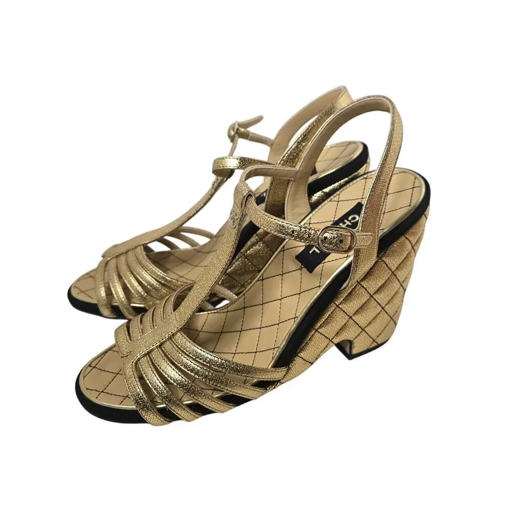 Chanel Laminated Goatskin Quilted Wedge Sandals Size 38